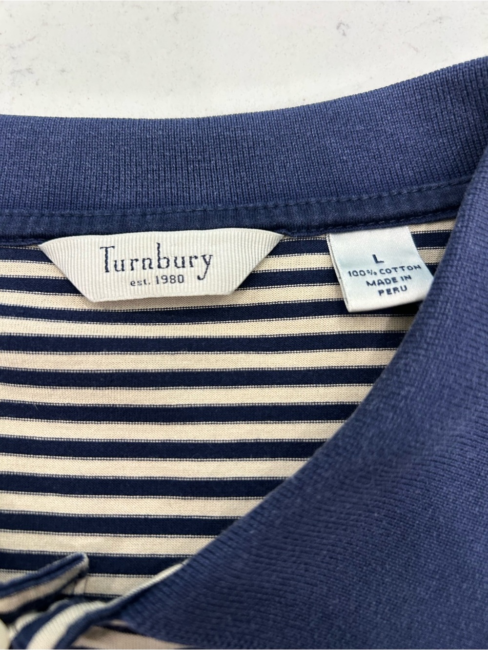 Turnbury Est. 1980 100% Peruvian Cotton Large Navy & Cream Stripe Preppy Costal - Picture 4 of 10